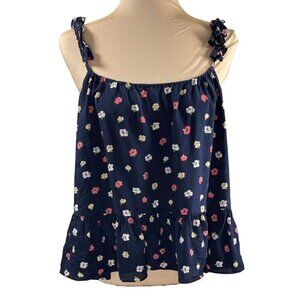 New Madewell Silk Ruffle Strap Tank Top Navy Blue Floral Size 14